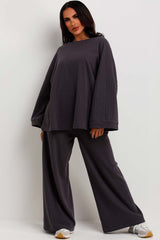 ribbed top and wide leg trouser lounge set womens uk
