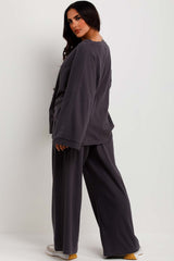 womens ribbed wide leg trousers and oversized top co ord set womens uk