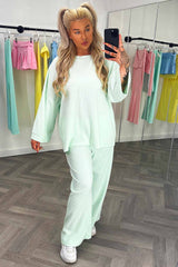mint rib oversized long sleeve top and wide leg trousers two piece set loungewear co ord