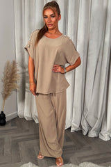 womens christmas party outfit top with gold button shoulder and matching trousers two piece co ord set 