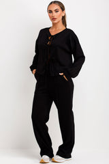 tie front long sleeve top and trousers two piece set womens loungewear co ord