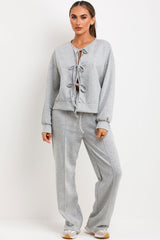 tie front long sleeve top and trousers two piece set womens loungewear co ord