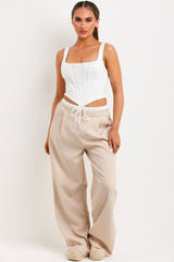 womens wide leg trousers with drawstring waist and boxer detail