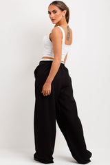 womens wide leg trousers with drawstring waist contrast boxer detail trim