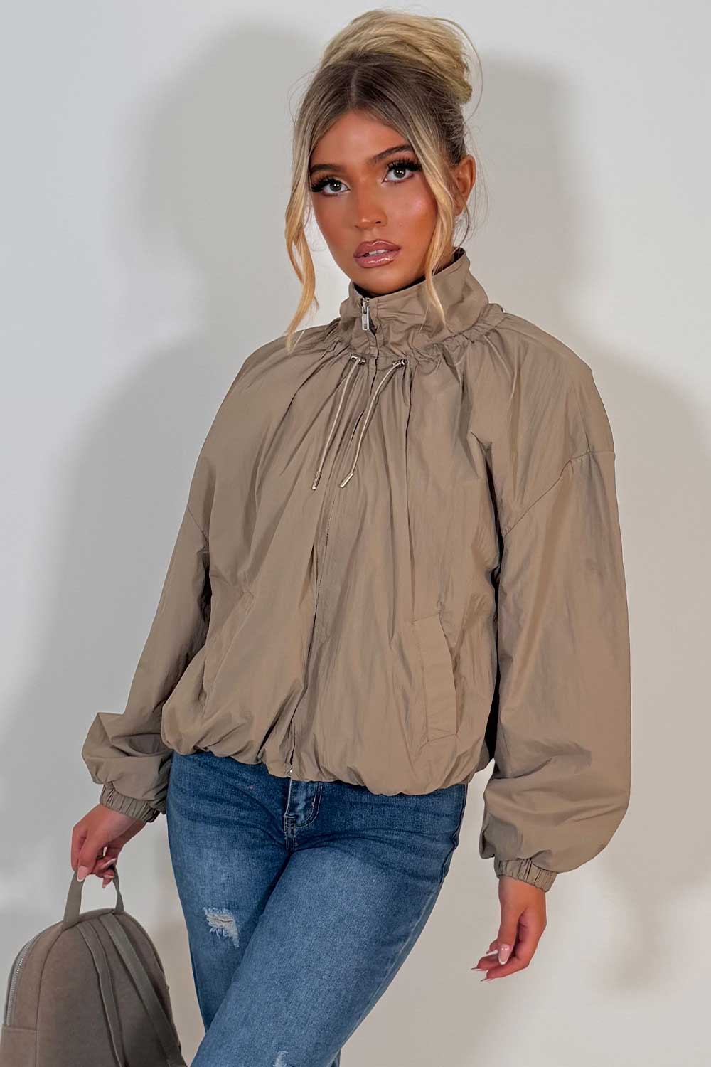 beige funnel neck jacket with cinched waist womens uk