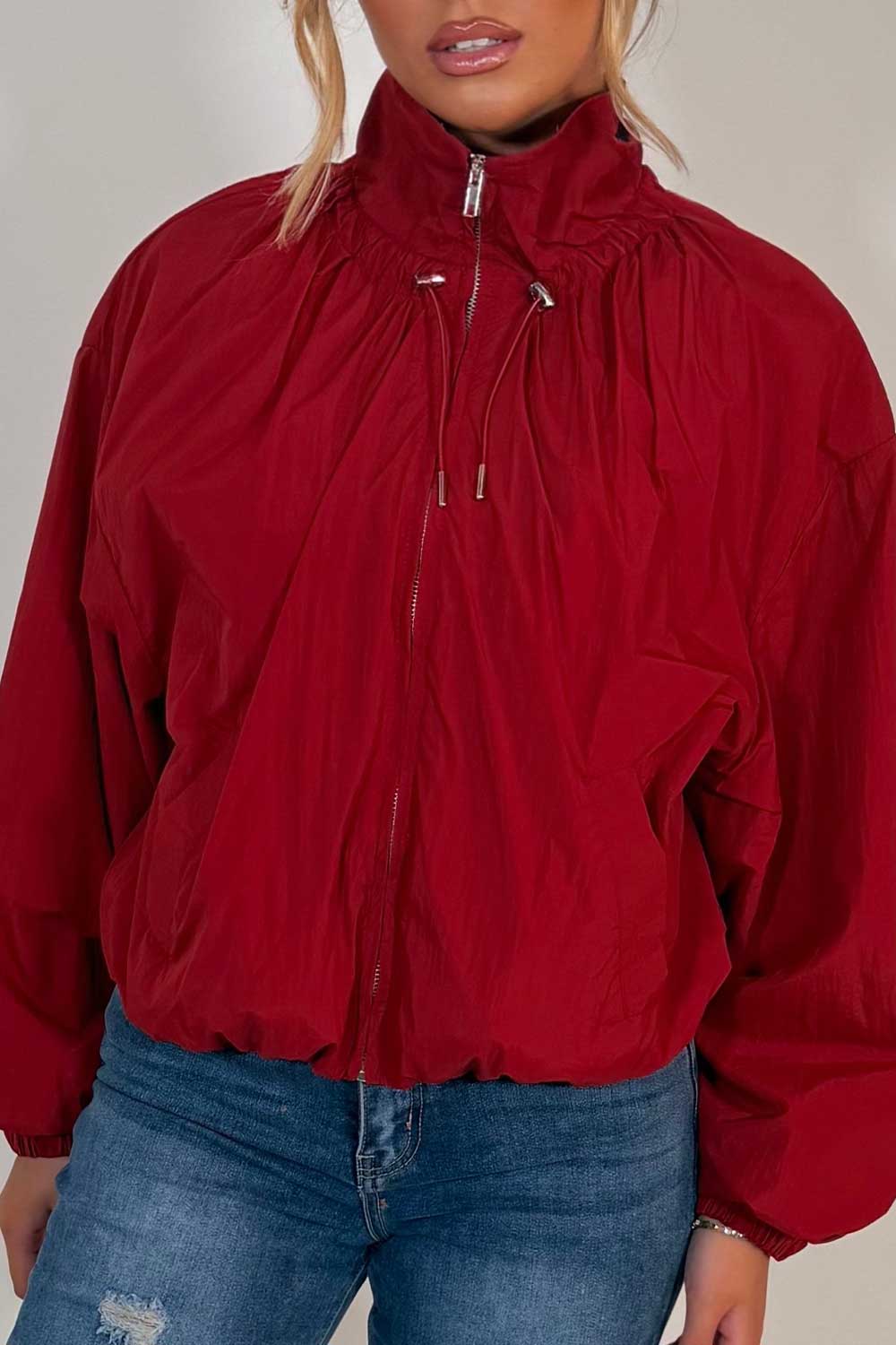 burgundy funnel neck jacket with cinched waist womens uk