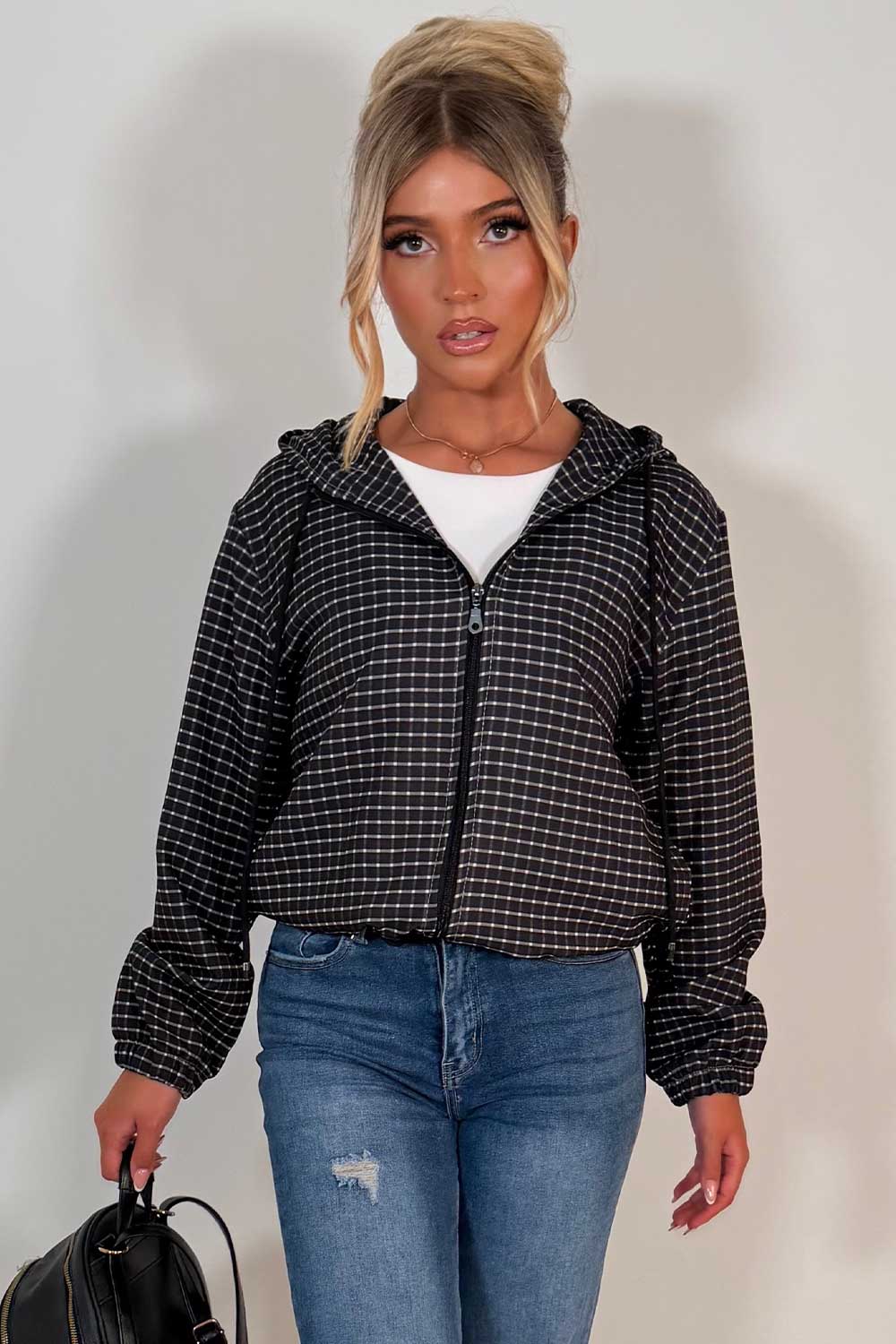 womens stradivarius checked jacket with hood sale styledup uk
