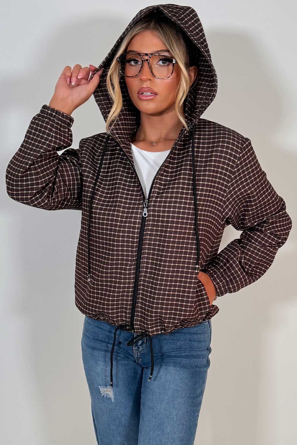 stradivarius checked technical jacket brown styledup uk
