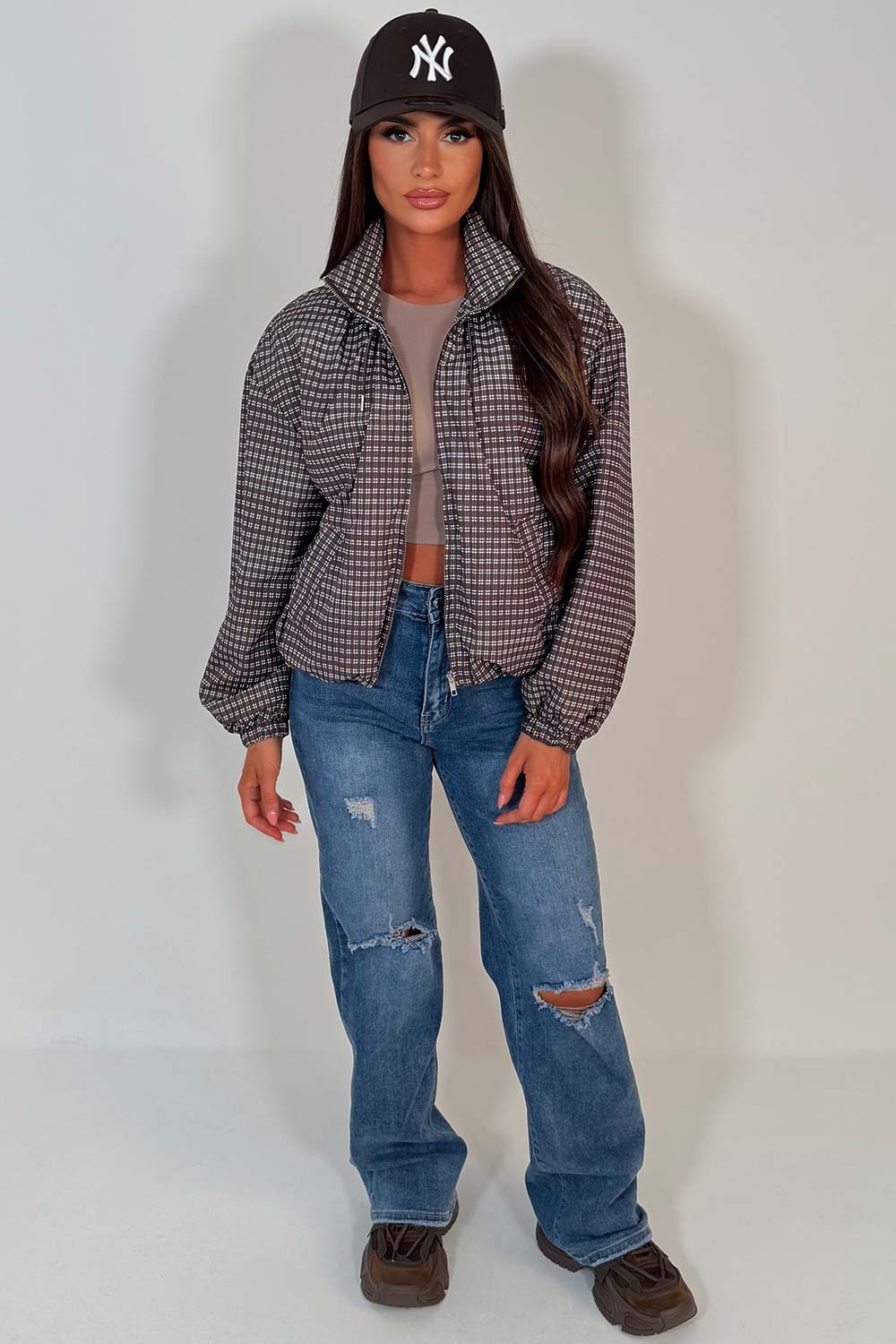 womens zara check jacket funnel neck styledup uk