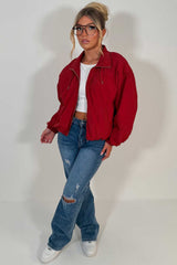 burgundy funnel neck jacket with cinched waist womens transitional autumn winter windbreaker jacket uk styledup
