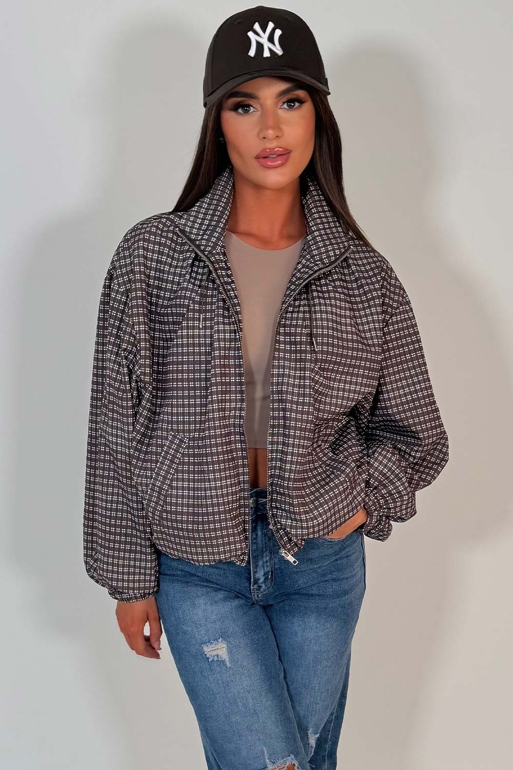 long sleeve funnel neck checkered jacket womens windbreaker styledup uk