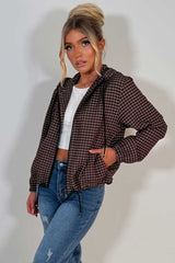 womens checked jacket with hood long sleeves drawstring hem styledup uk