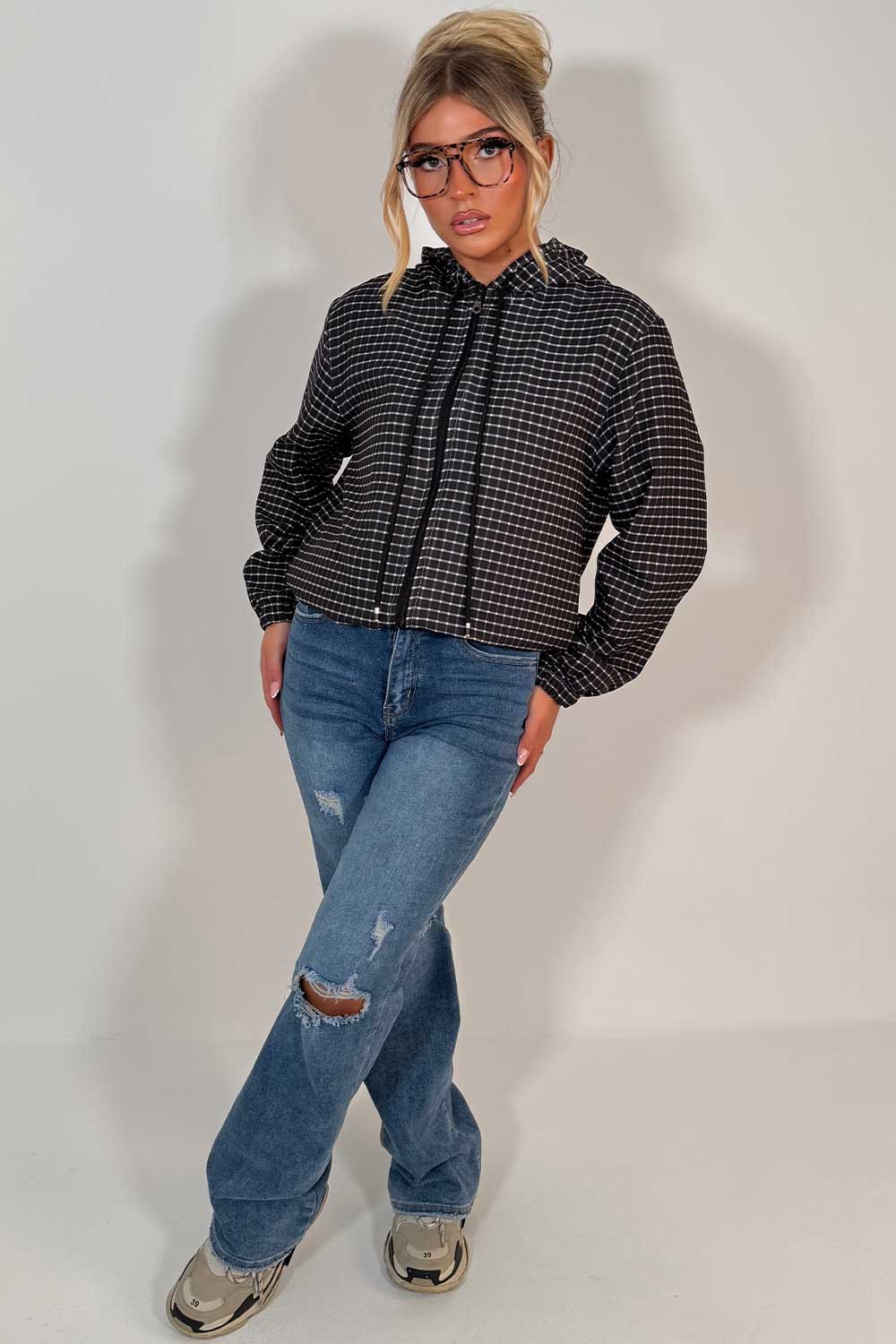 womens checked jacket with hood long sleeves drawstring hem styledup uk