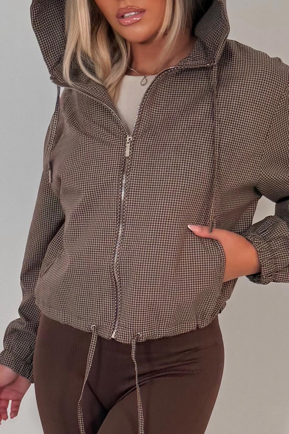 check print hooded jacket womens outerwear relaxed fit 