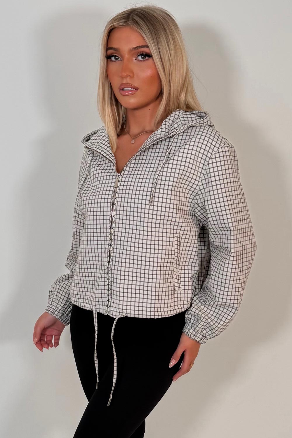 trending check print womens hooded jacket with drawstring hem styledup uk
