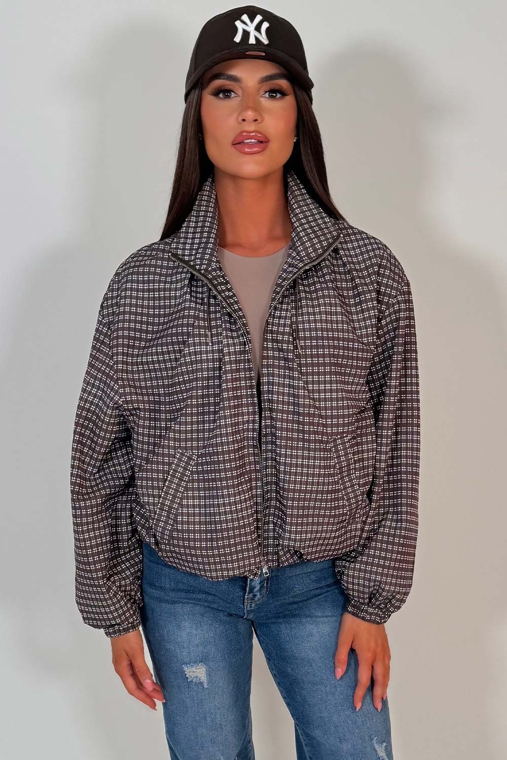 checkered funnel neck jacket brown styledup uk