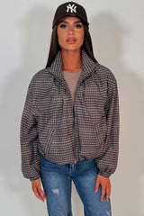 checkered funnel neck jacket brown styledup uk