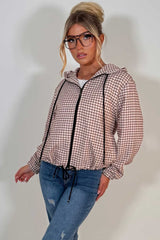 womens checked jacket with hood long sleeves drawstring hem styledup uk