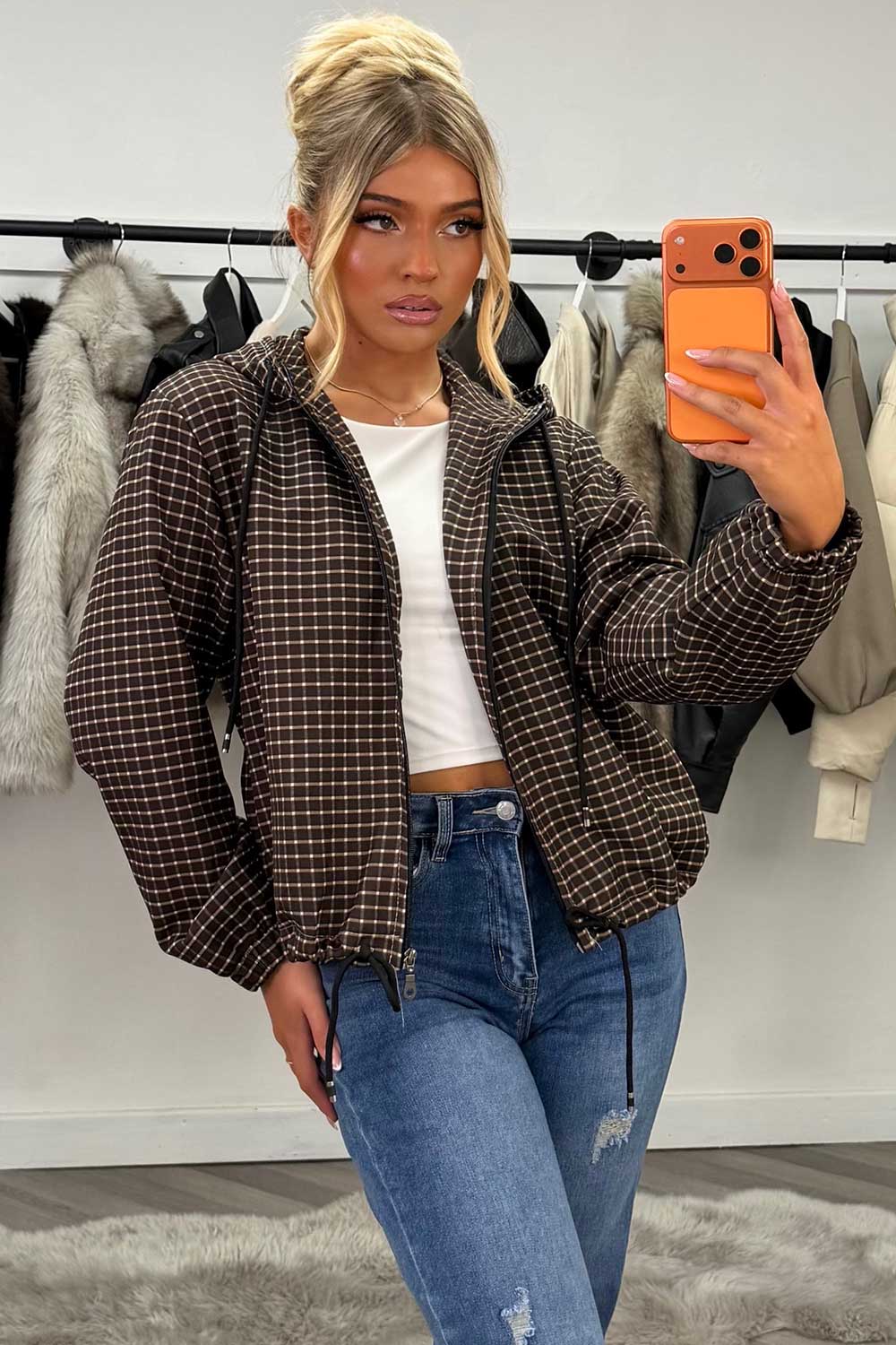 womens checked jacket with hood long sleeves drawstring hem styledup uk