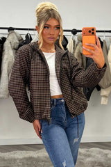 womens checked jacket with hood long sleeves drawstring hem styledup uk