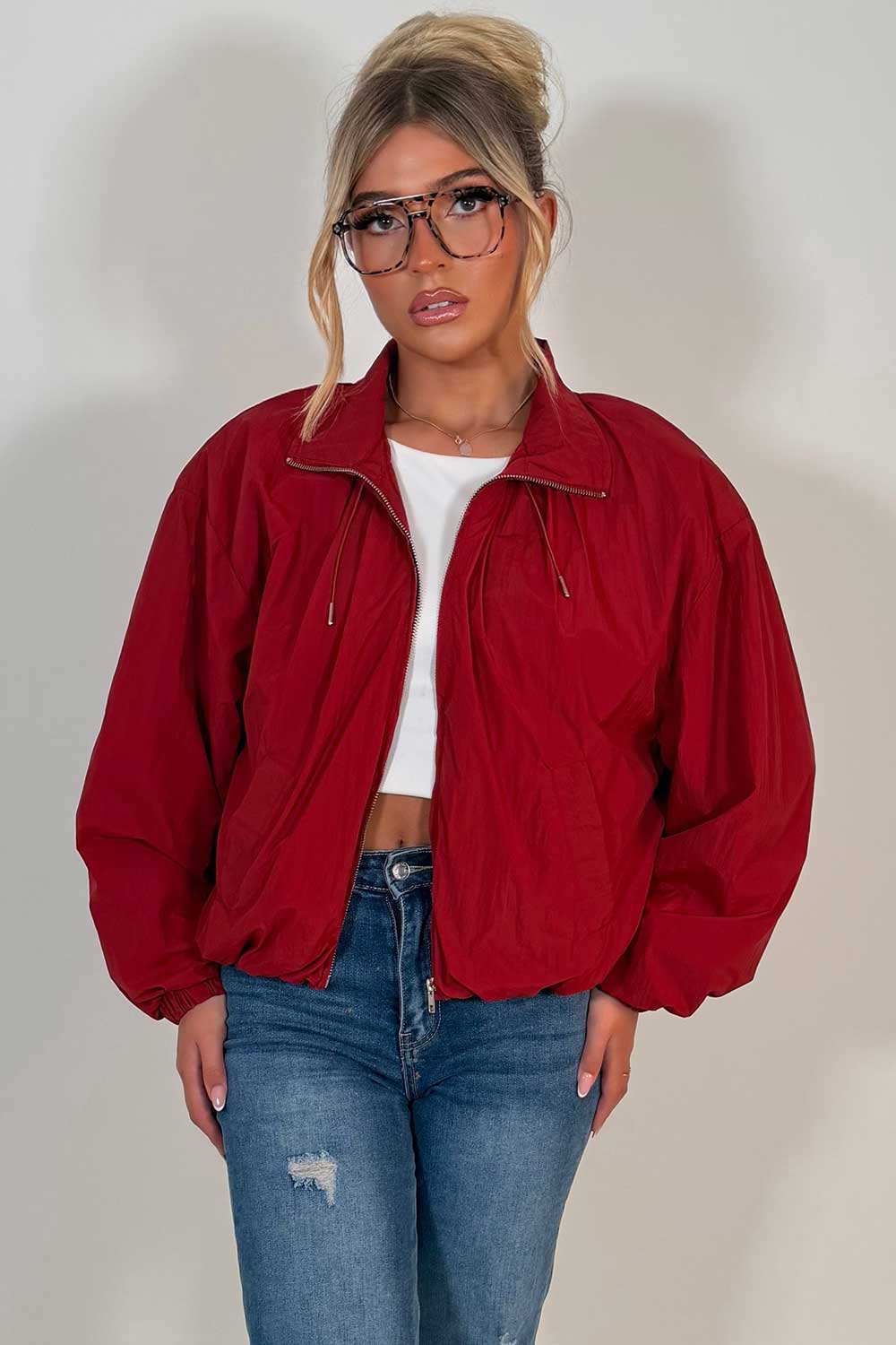 womens funnel neck jacket burgundy windbreaker styledup uk