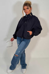 womens navy toggle detail funnel neck jacket with cinched waist cernucci uk