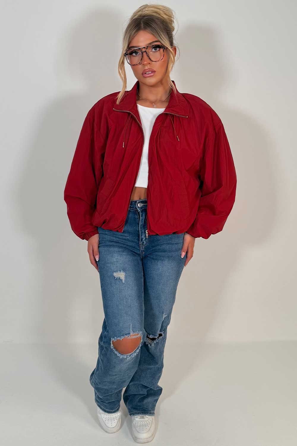 womens burgundy toggle detail funnel neck jacket with cinched waist cernucci uk