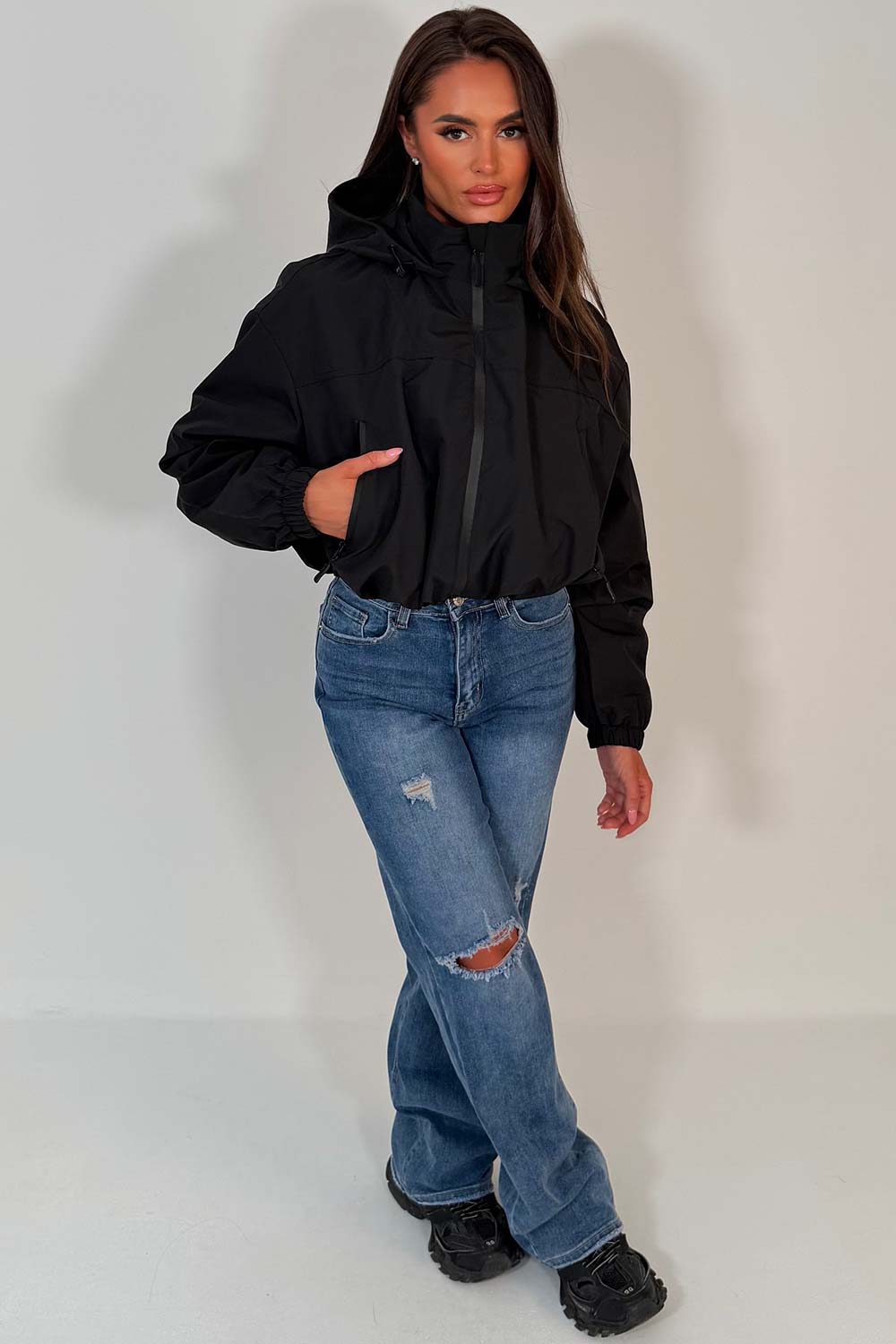 womens black padded hooded crop jacket styledup uk