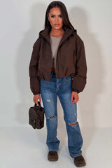 womens brown hooded padded jacket weather resistant waterproof windproof 