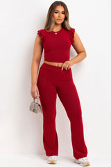 ribbed skinny flare trouser and frill shoulder top co ord set chocolate