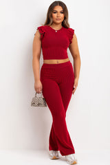 womens ribbed flare trouser and frill shoulder top set