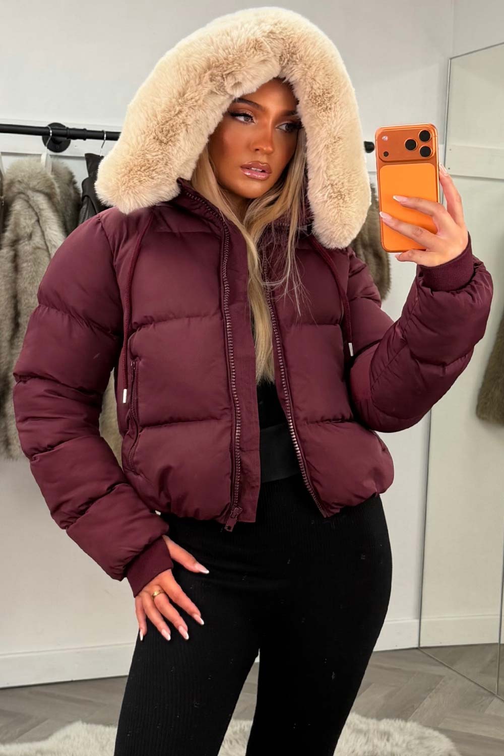 womens puffer jacket with faux fur hood for winter uk