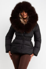 women's faux fur hood down jacket with belt uk