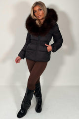womens fur hood padded puffer jacket with belt styled up uk