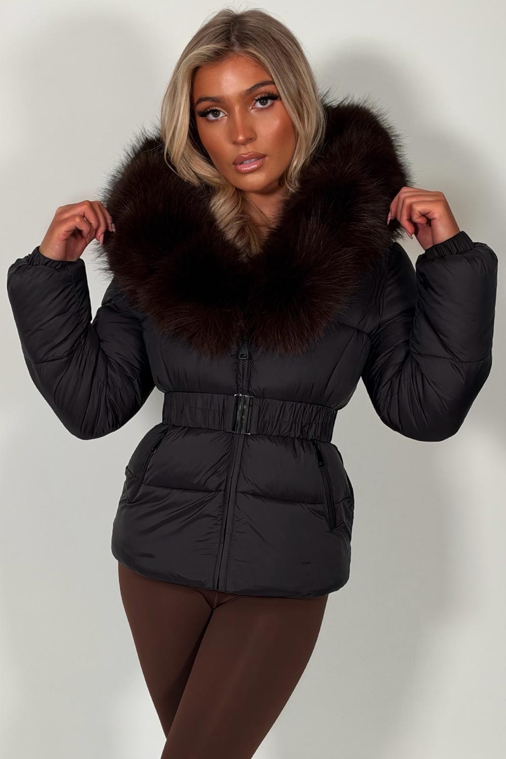 faux fur hood puffer padded winter jacket with cinched waist belt y2k mob wife look 