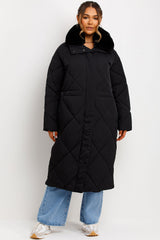 womens long winter coat with faux fur collar and drawstring waist styledup