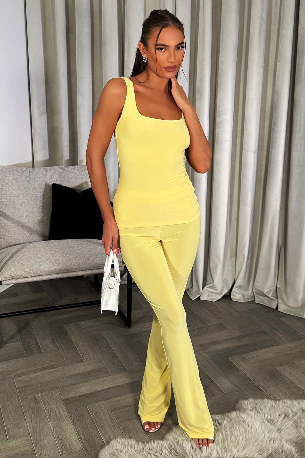 womens flared trousers and top set yellow