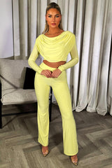 womens long sleeve drape top and trousers set yellow going out party outfits