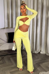 flare trousers and long sleeve crop top co ord set yellow going out summer occasion outfit