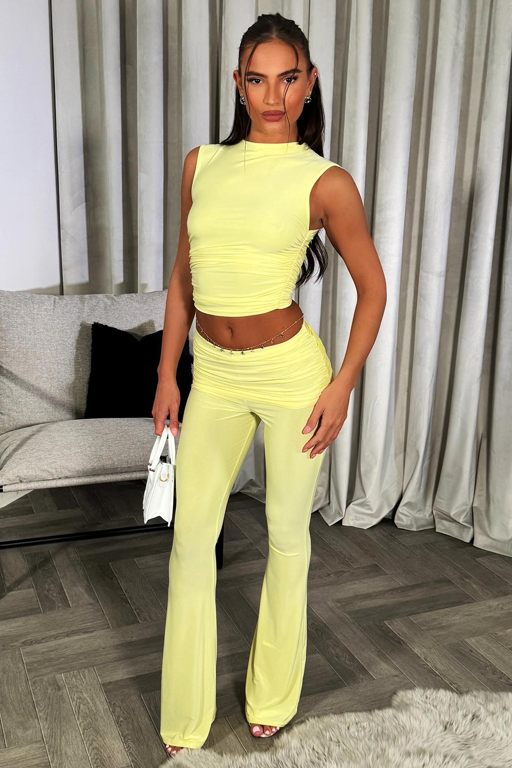 skinny flared trousers and ruched top two piece co ord set