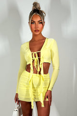 festival frill hem mini skirt and tie front long sleeve crop top set going out holiday outfit 