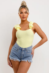 ruched ruffle strap going out bodysuit top yellow