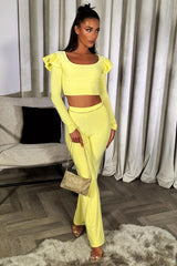 womens yellow summer party outfit long sleeve crop top and trousers set
