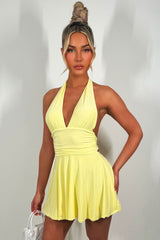 halter neck mini dress with open back yellow