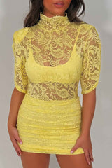 occasion dress with short sleeves in yellow lace styledup uk