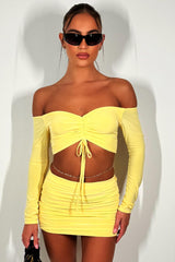 off shoulder long sleeve crop top and mini skirt two piece set yellow