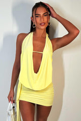 cowl halter neck backless top and drape skirt co ord set yellow co ord going out summer festival outfit