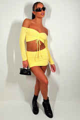 summer festival off shoulder crop top and mini skirt co ord set yellow festival rave outfit