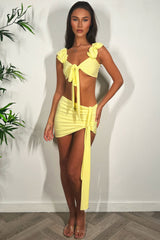 yellow skirt and ruched ruffle shoulder knot front bikini top co ord set summer holiday festival clothes