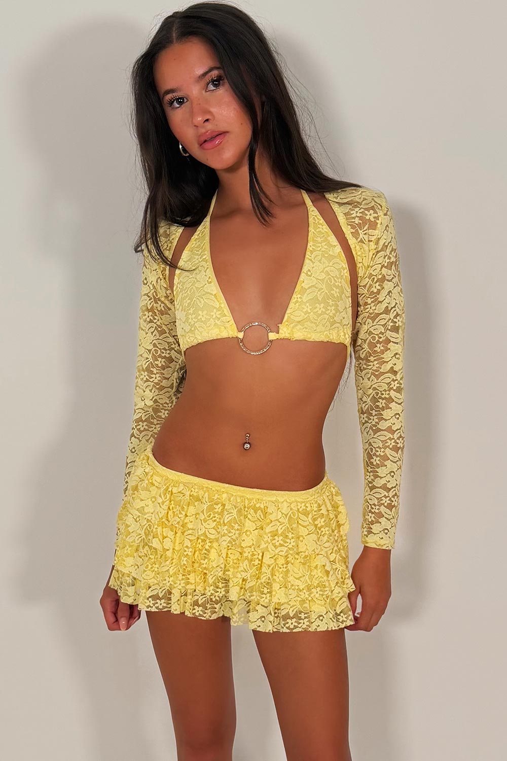 yellow ruffle frilly lace skort long sleeve crop top co ord set